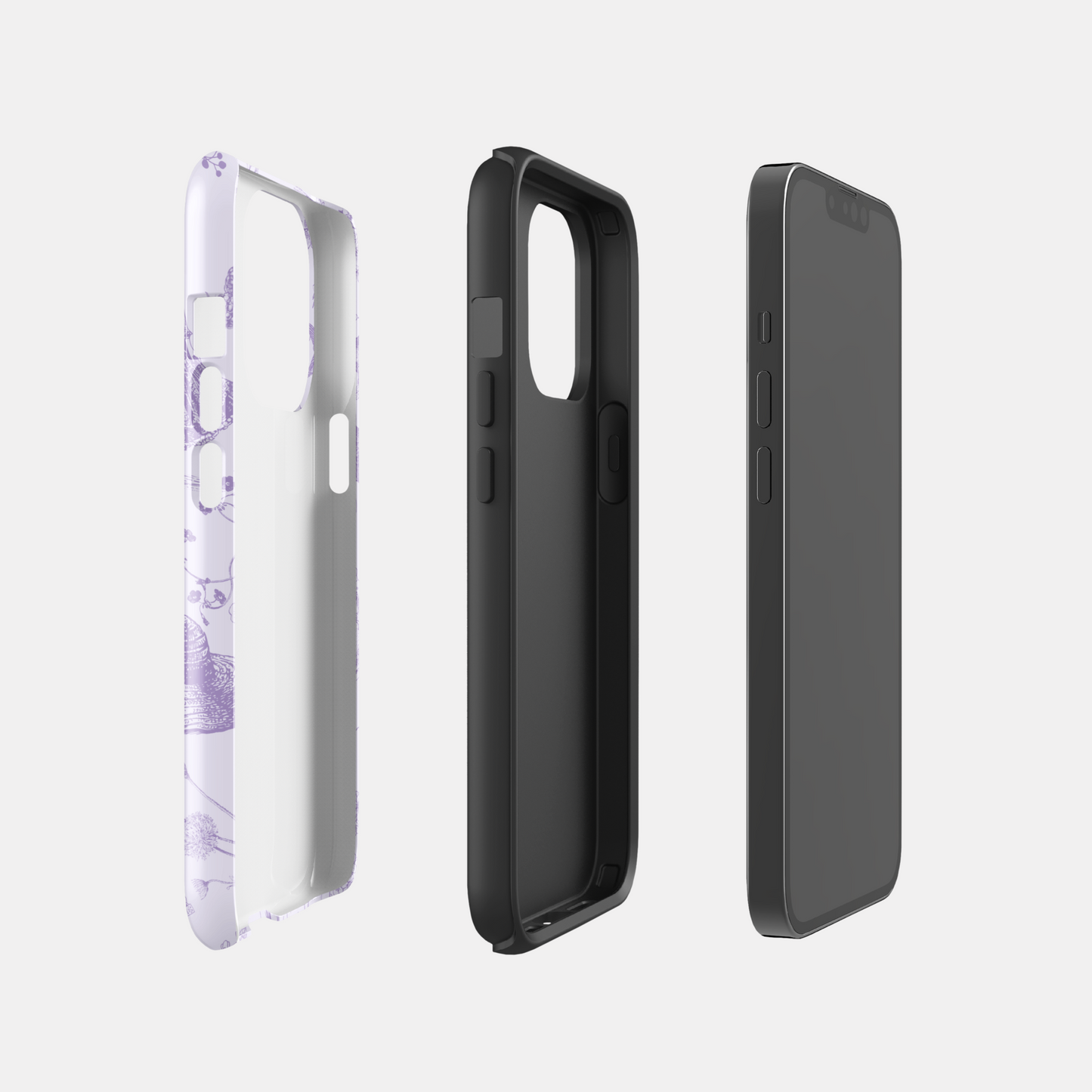Three phone cases shown from different angles on a light gray background