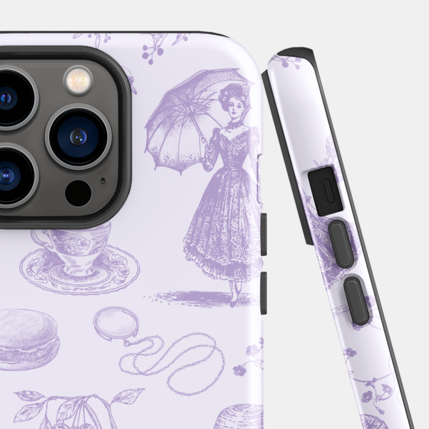 Phone case with vintage-style design featuring a woman with an umbrella on a light purple background