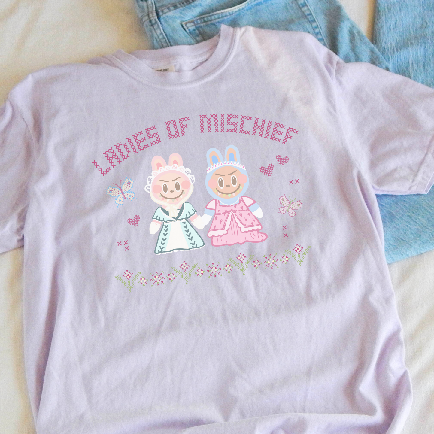 LABUBU INSPIRED LADIES OF MISCHIEF Kawaii Cross Stitch Tee