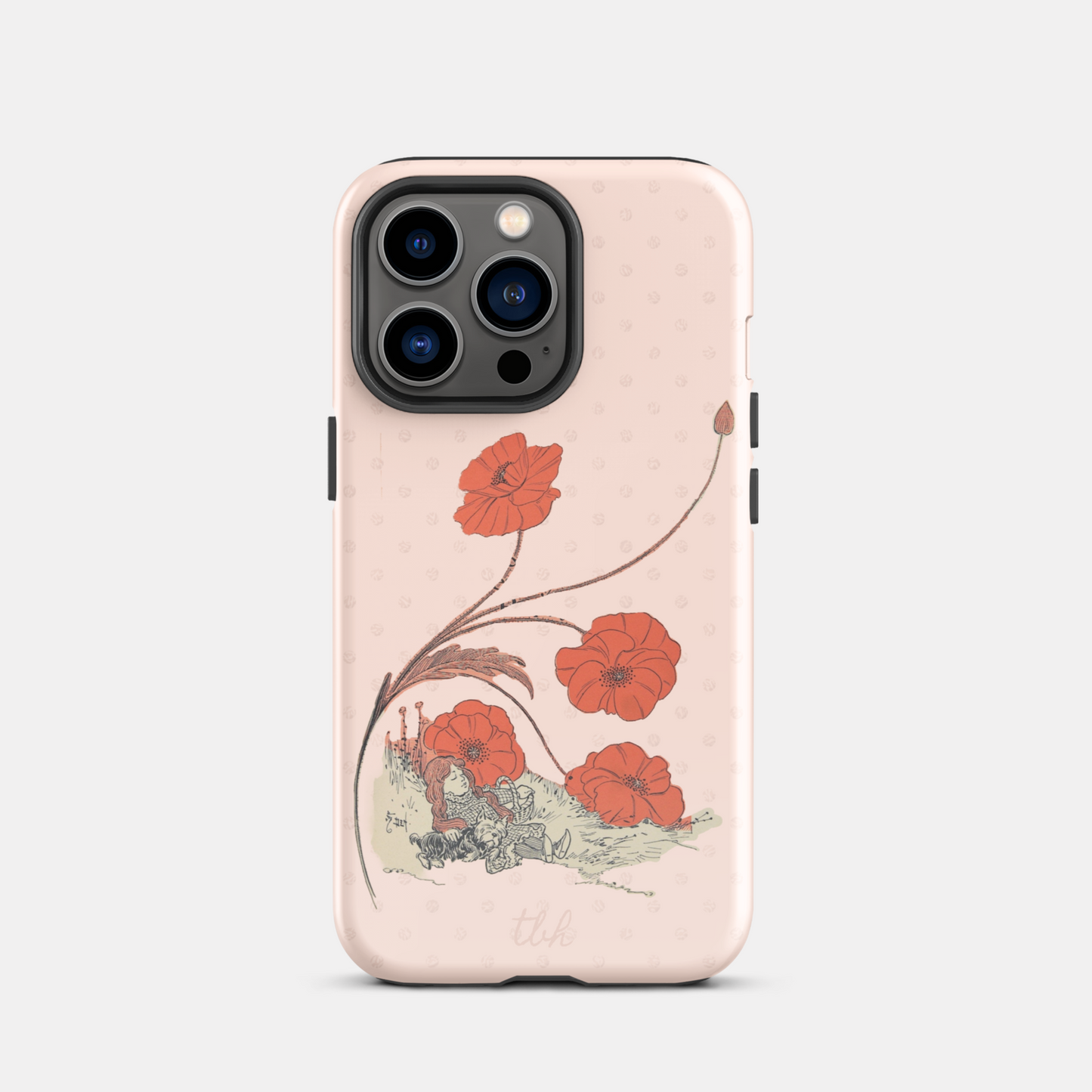 Phone case with vintage red floral design of dorothy and toto on a light background