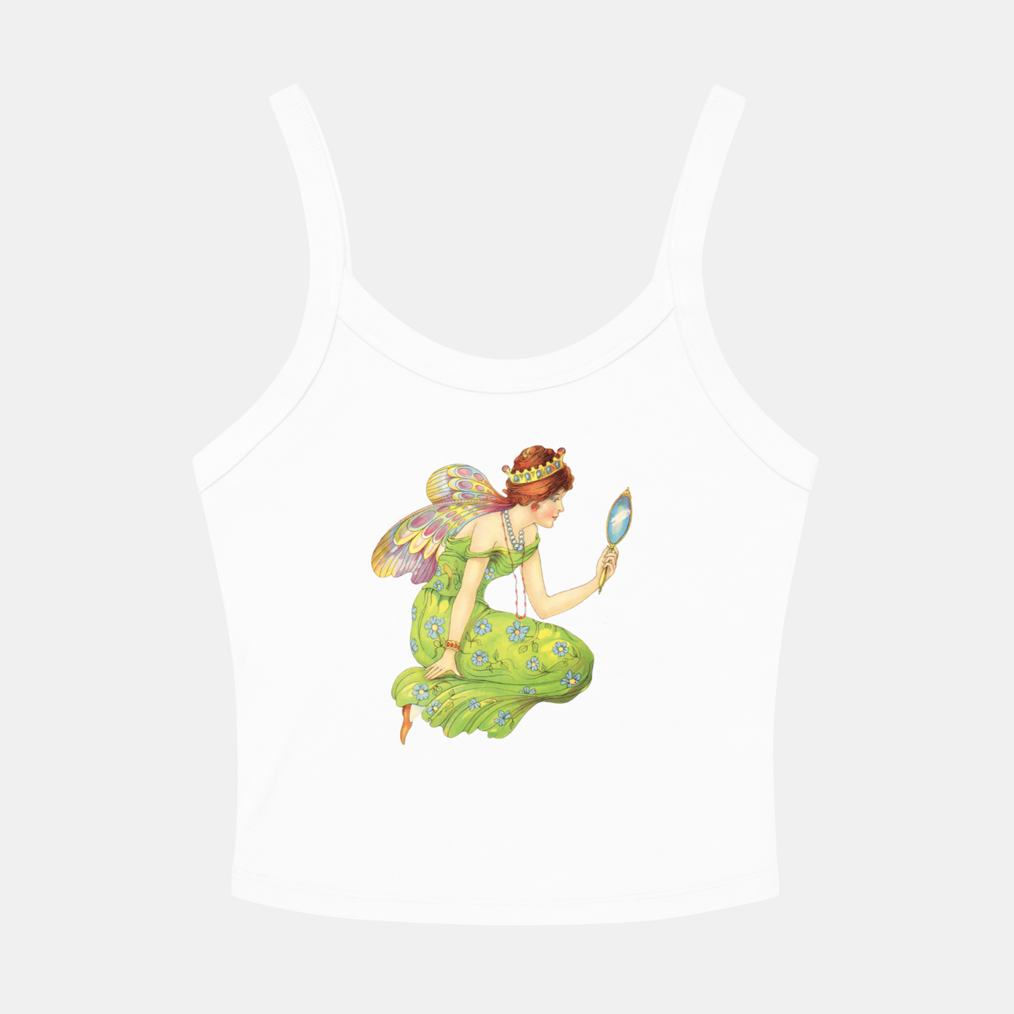 White tank top with a colorful fairy design on a white background
