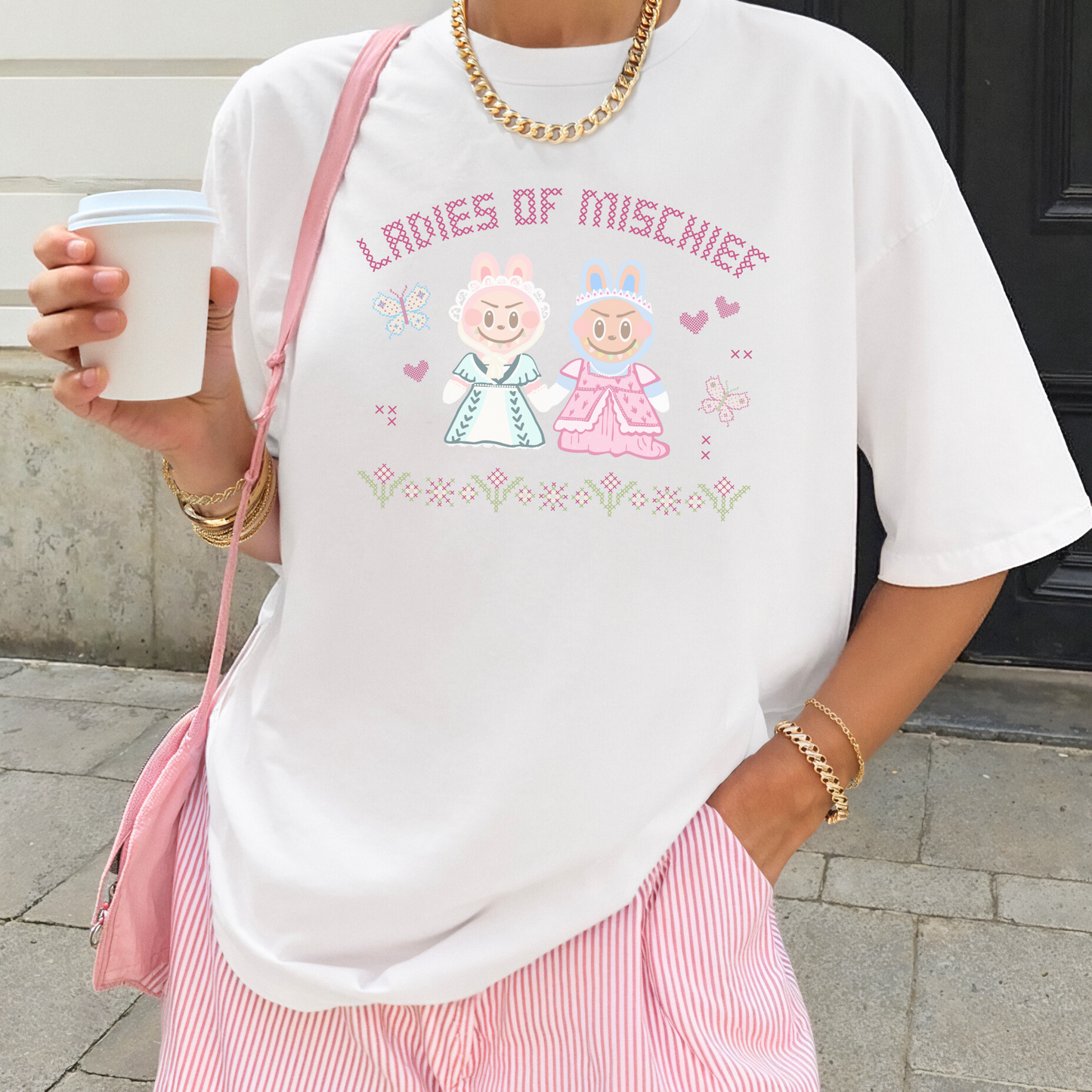 LABUBU INSPIRED LADIES OF MISCHIEF Kawaii Cross Stitch Tee