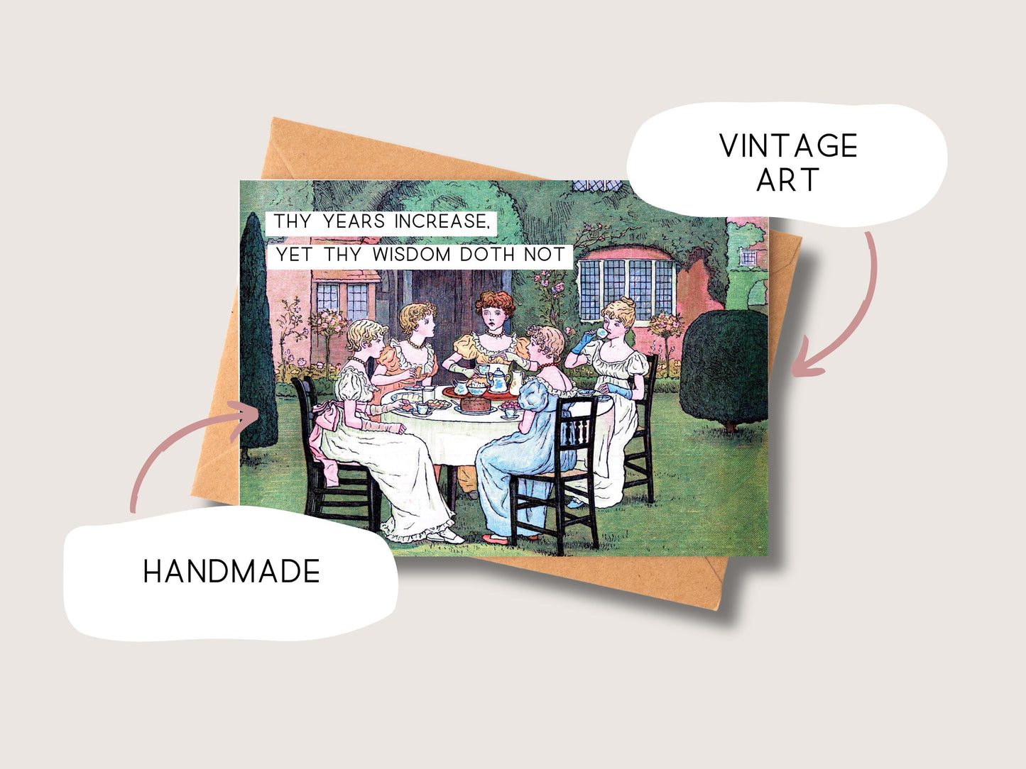π Victorian Humor Happy Birthday Card - Vintage Tea Party Art