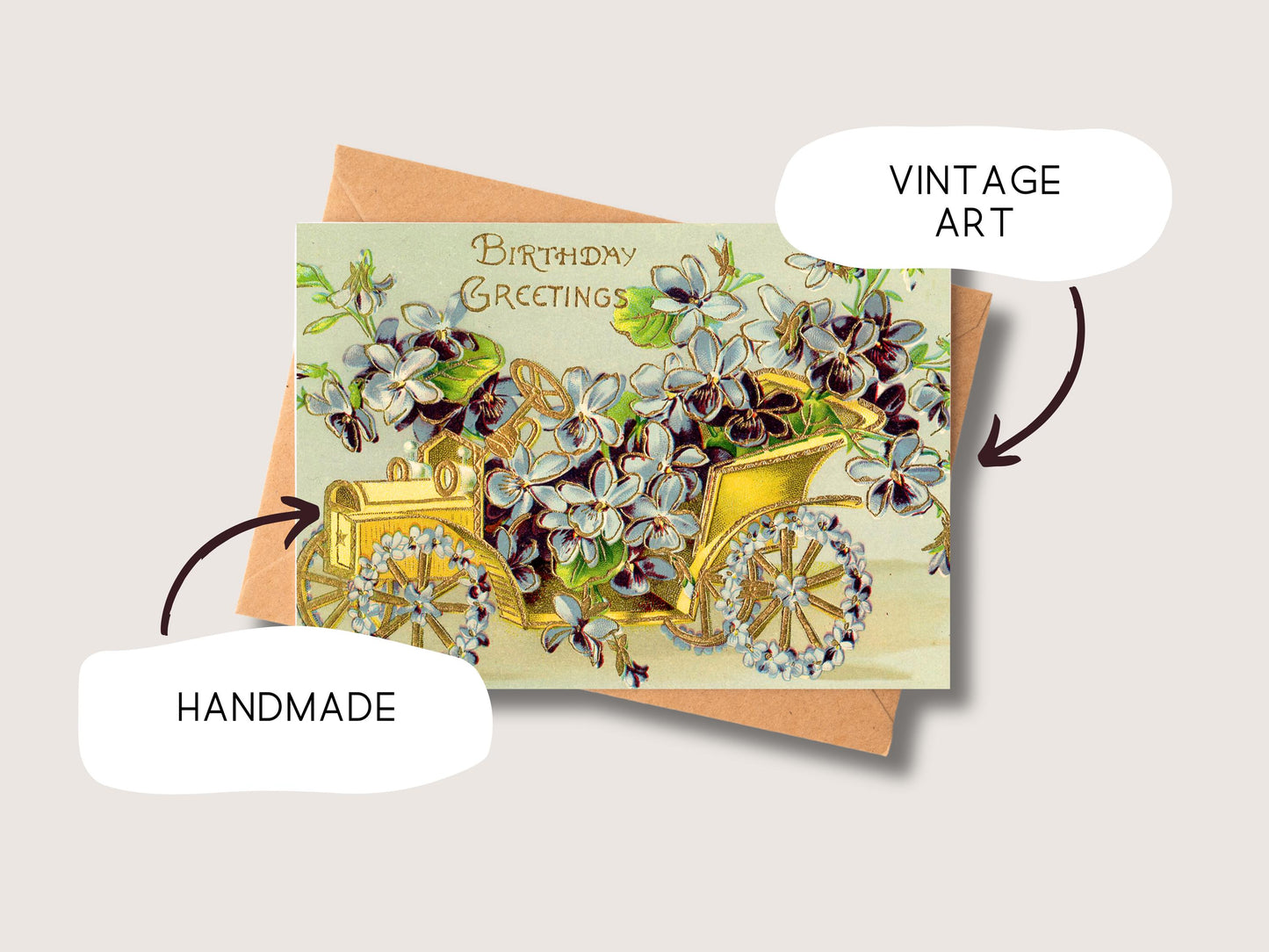 🎠 Vintage Carriage Happy Birthday Card - Floral Vintage Art