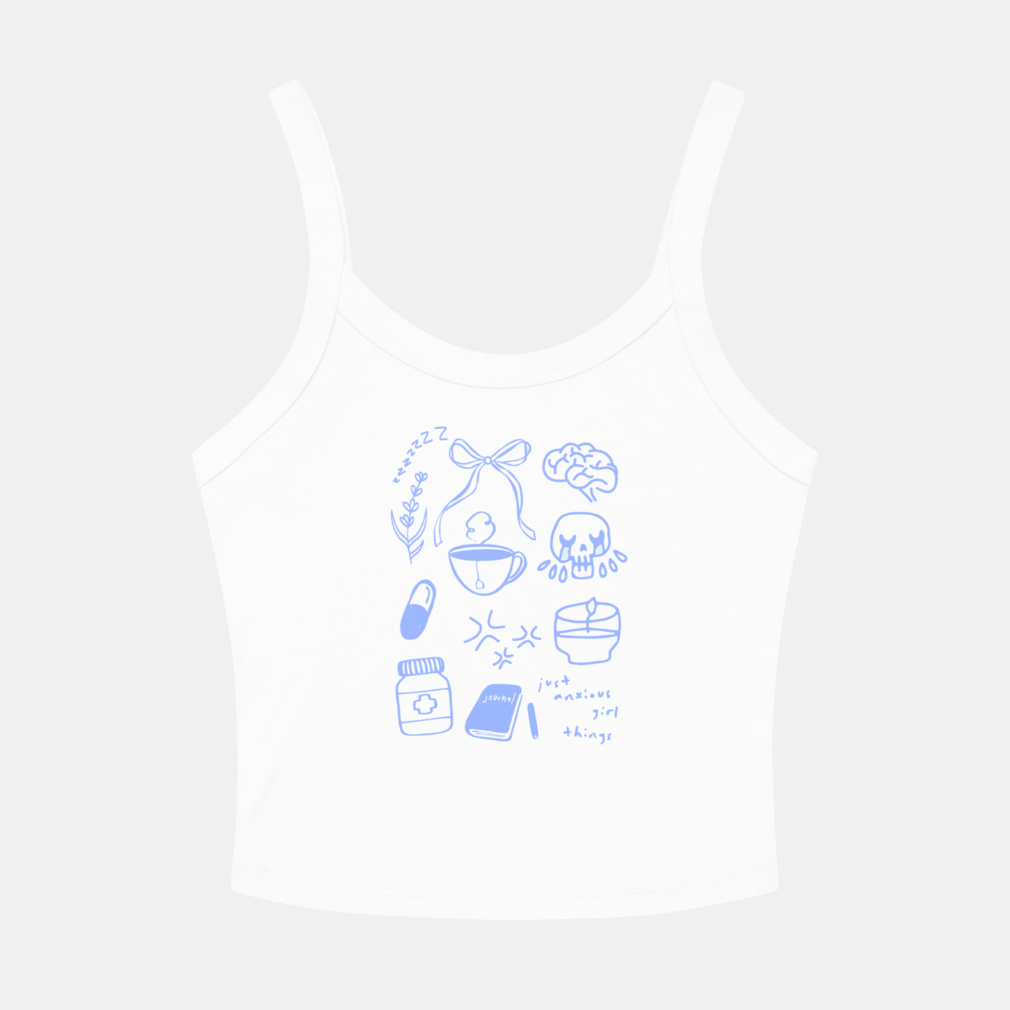 White tank top with blue graphic designs on a white background