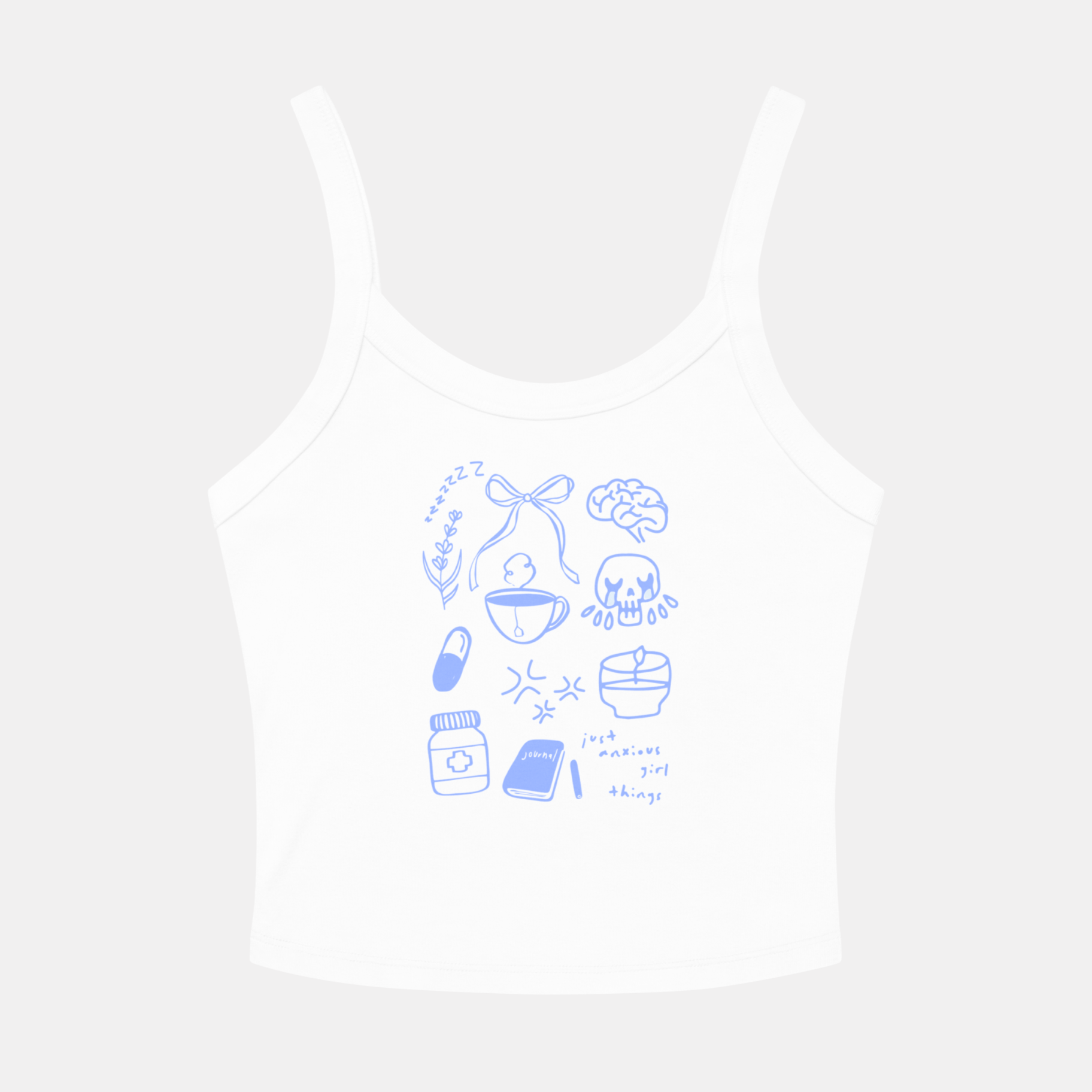 White tank top with blue graphic designs on a white background