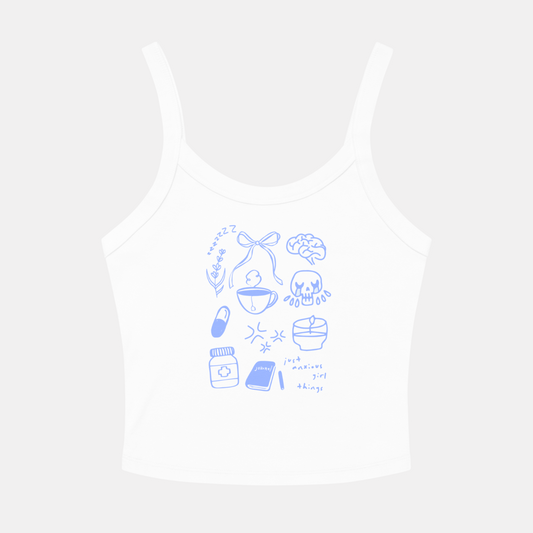 White tank top with blue graphic designs on a white background