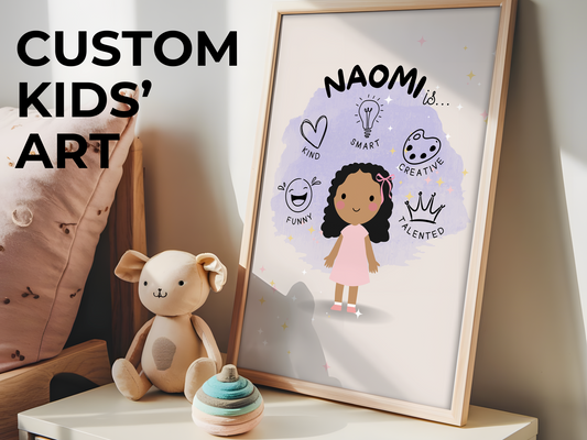 👧 Custom Digital Kids’ Affirmation Art, Personalized Kids' Room Character & Positive Traits Print
