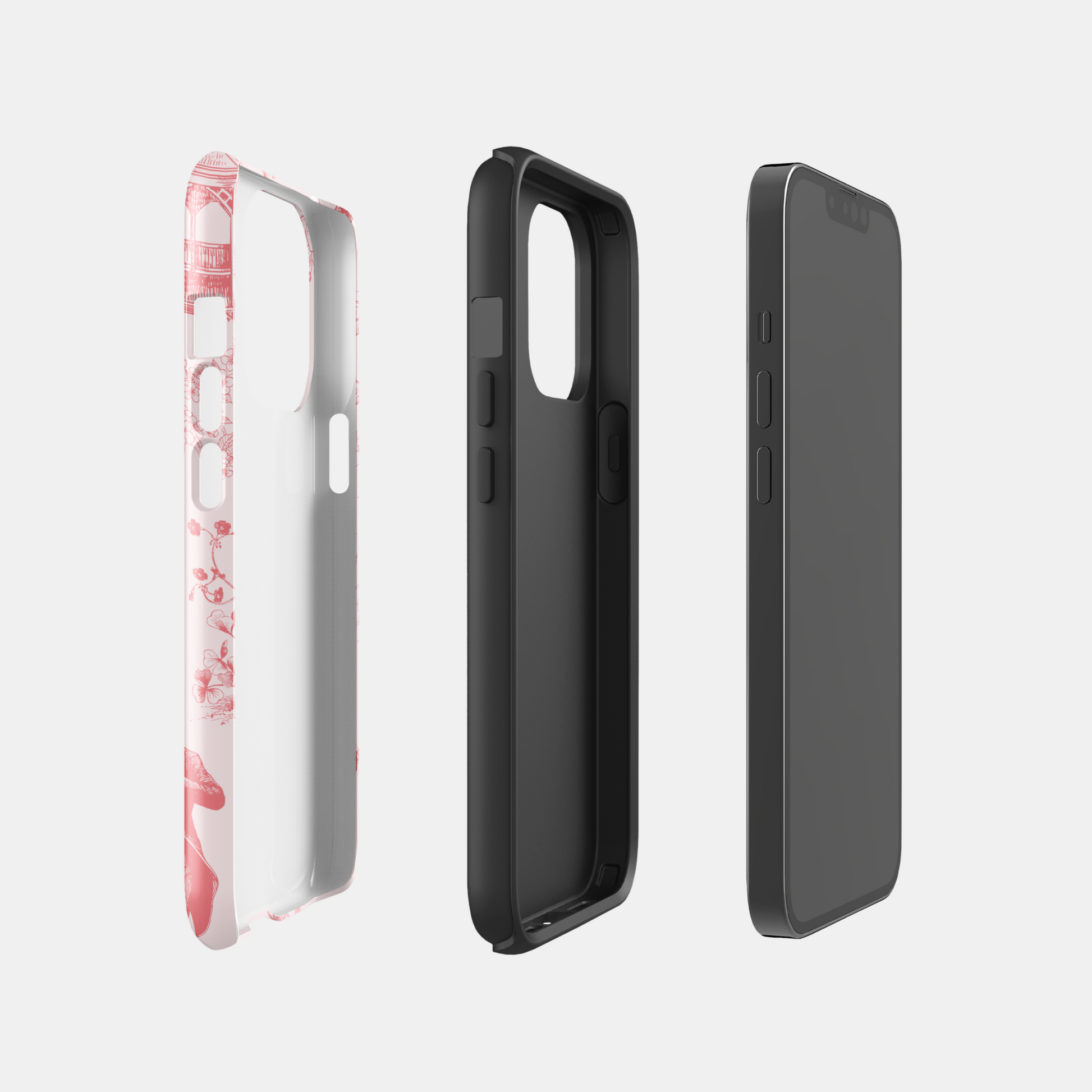Three phone cases: floral, black, and clear on a white background