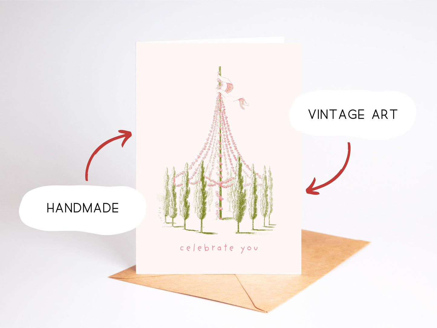 🌸 Vintage Maypole Celebration Card, Pastel Birthday Art