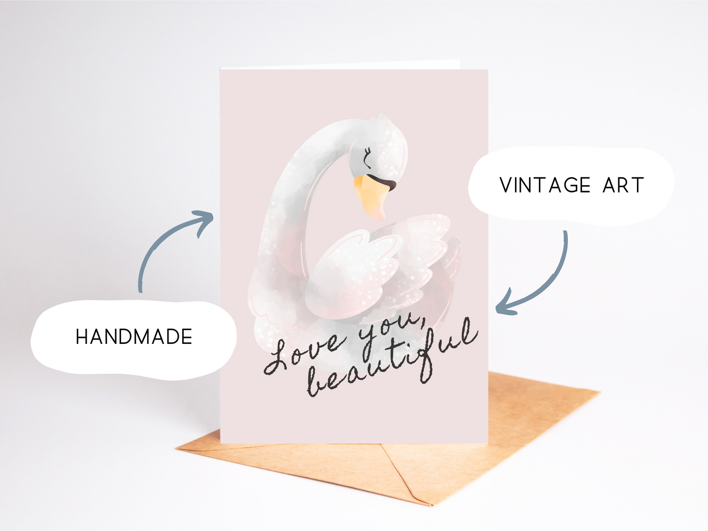 🦢 Vintage Swan Love Card – Pastel Watercolor Greeting Card for Her