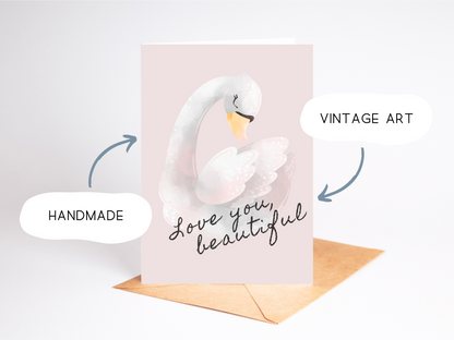 🦢 Vintage Swan Love Card – Pastel Watercolor Greeting Card for Her