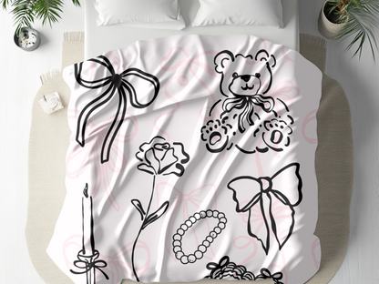 Coquette Style Soft Throw Blanket – 60"x80" Pink Aesthetic with Bows and Line Art