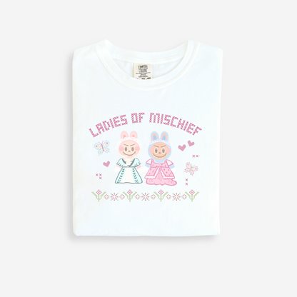 White t-shirt with 'Ladies of Mischief' design on a white background
