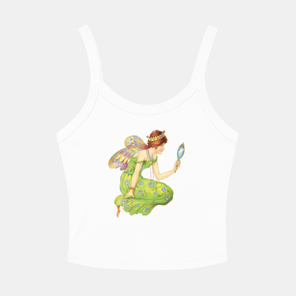 White tank top with a colorful fairy design on a white background