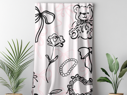 Coquette Style Soft Throw Blanket – 60"x80" Pink Aesthetic with Bows and Line Art