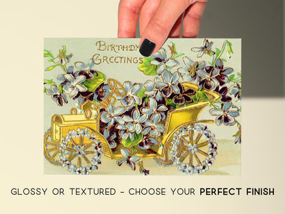 🎠 Vintage Carriage Happy Birthday Card - Floral Vintage Art