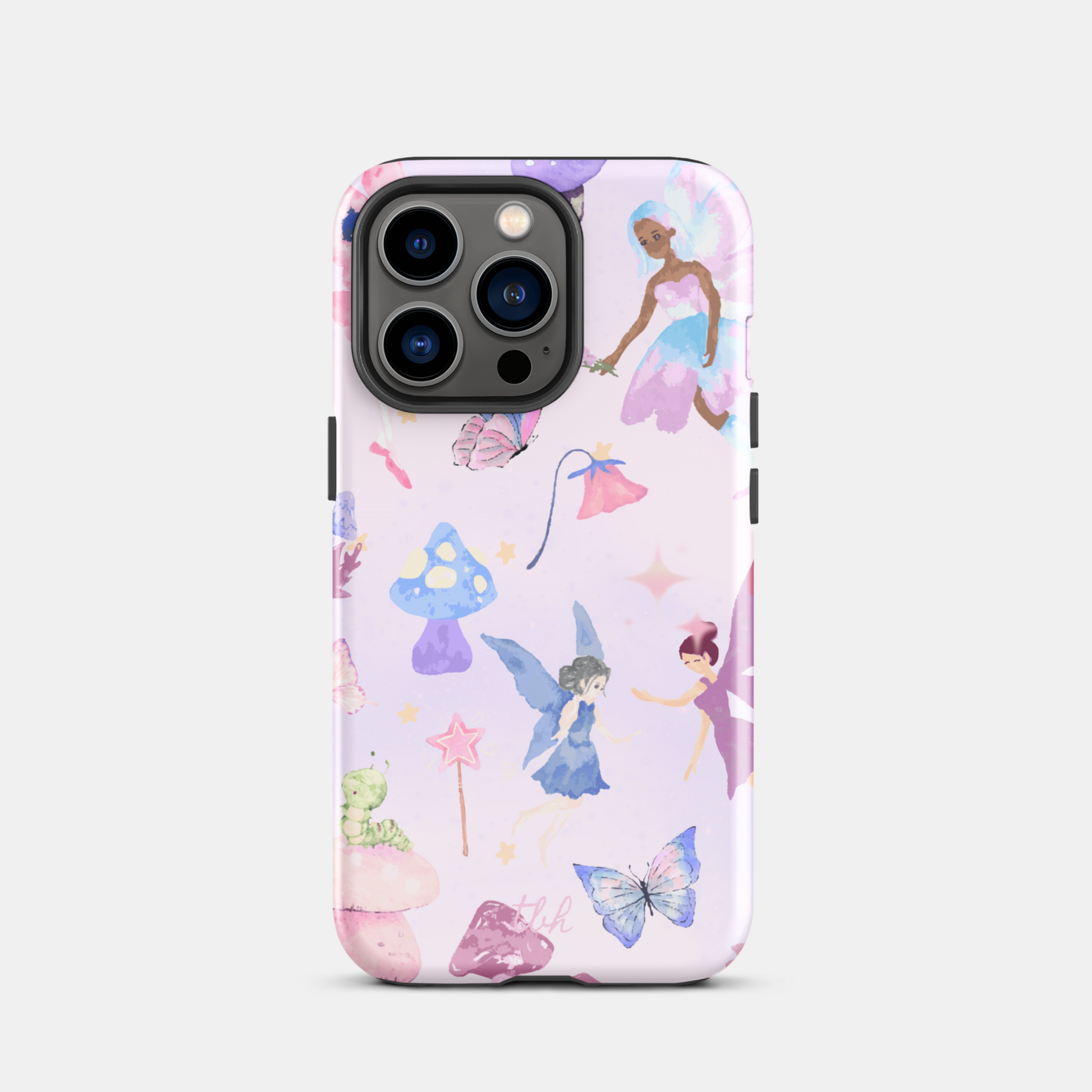 Phone case with fairy and mushroom design on a light purple background